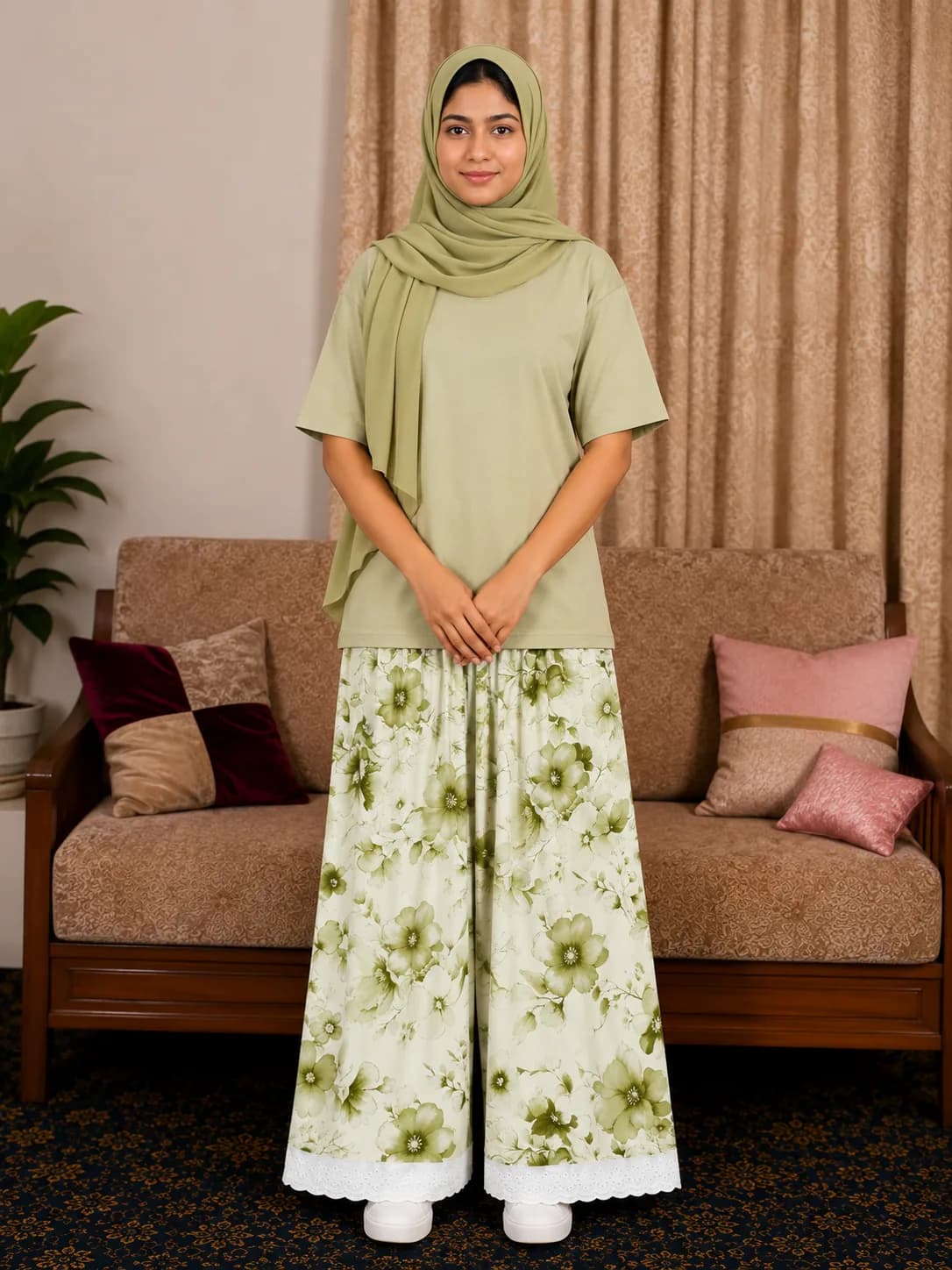 Green Garden Floral Soft Rayon Pant (NBER0909) SIZE: 39" L - Image 1