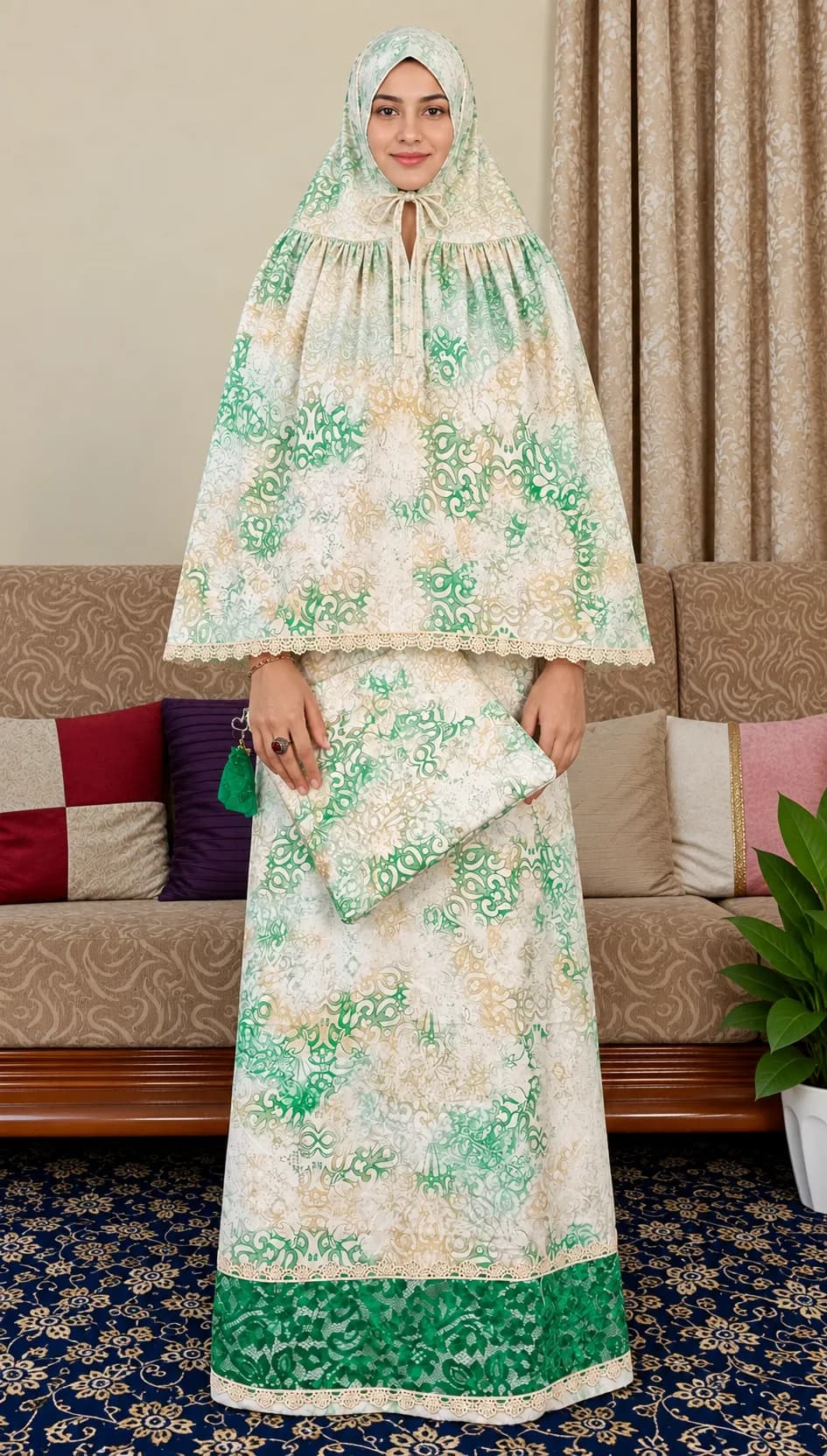 Mint Green & Ivory Printed Lace Rida With Bag (NBR0907) - Image 2