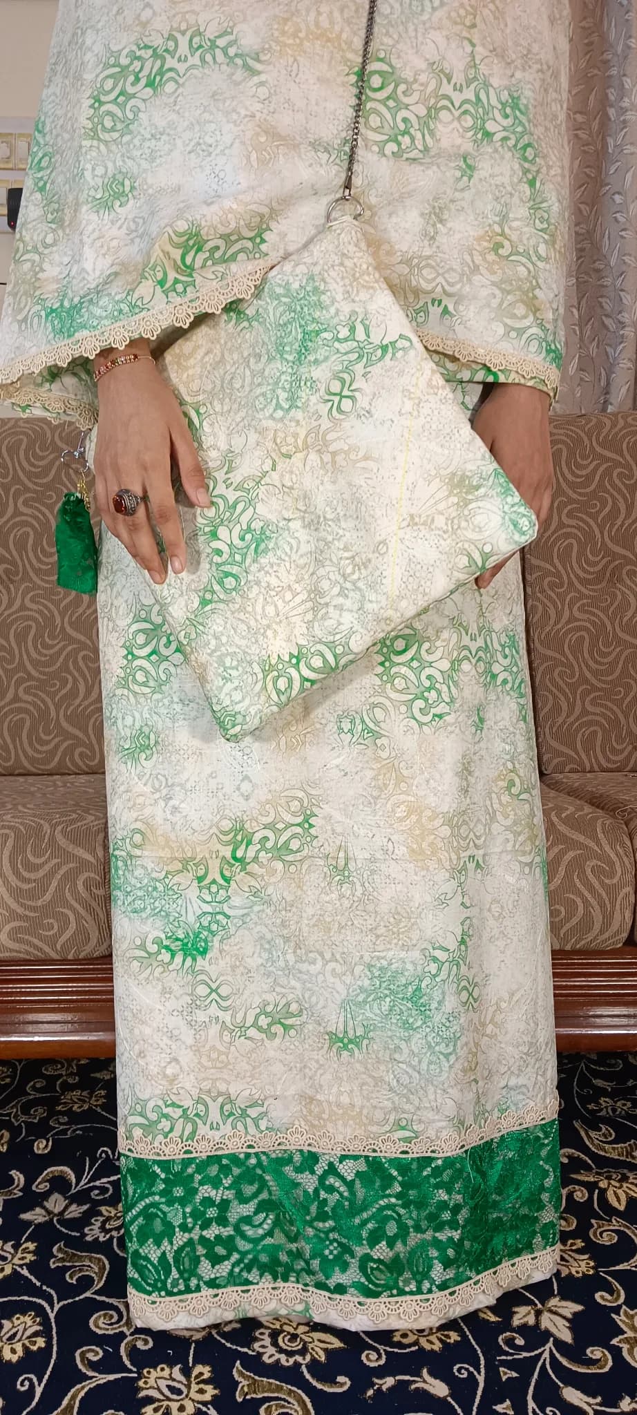 Mint Green & Ivory Printed Lace Rida With Bag (NBR0907) - Image 1