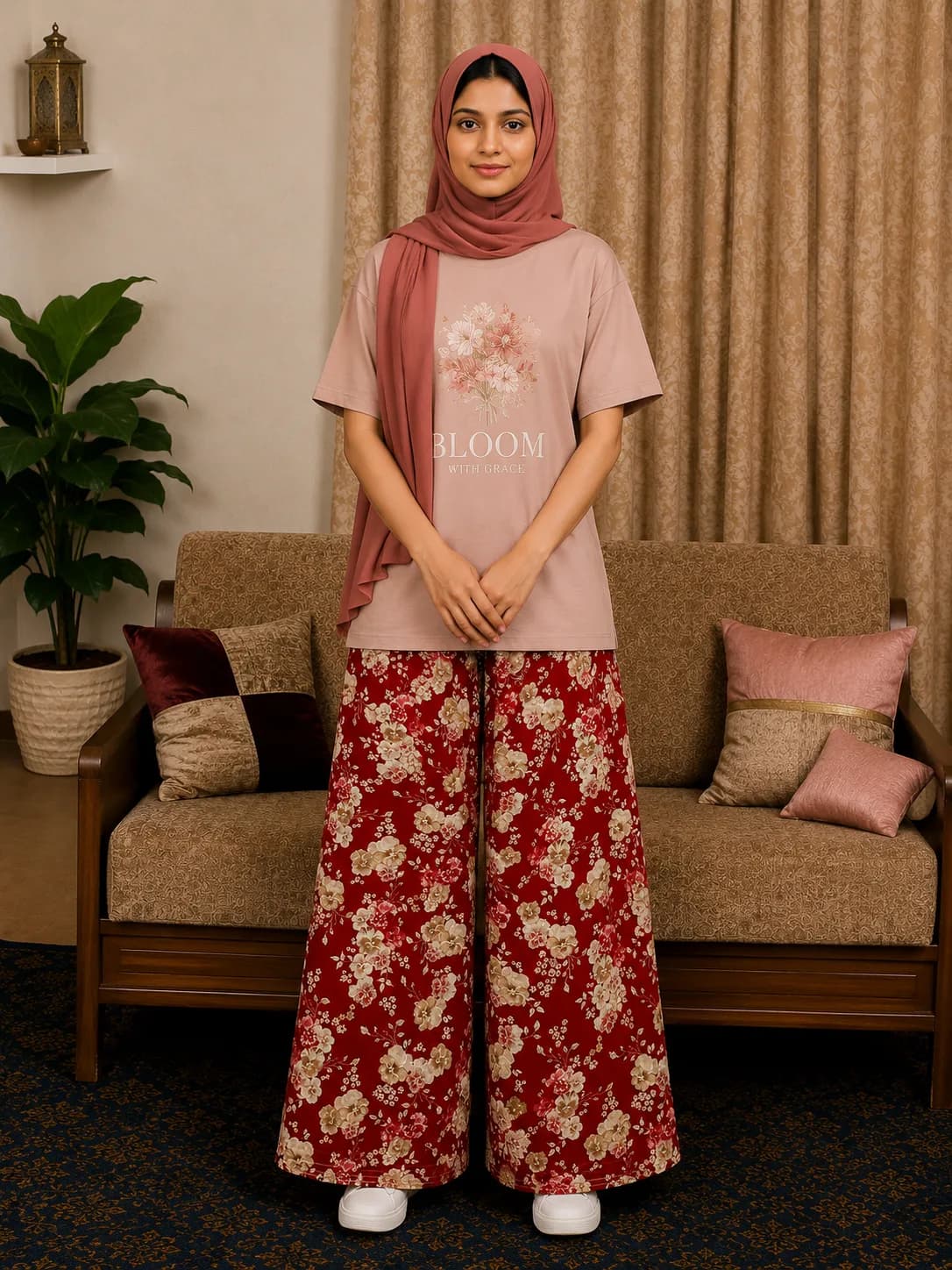 NB RED RAYON FLORAL EZAR(NBER0901) SIZE: 36"L - Image 1