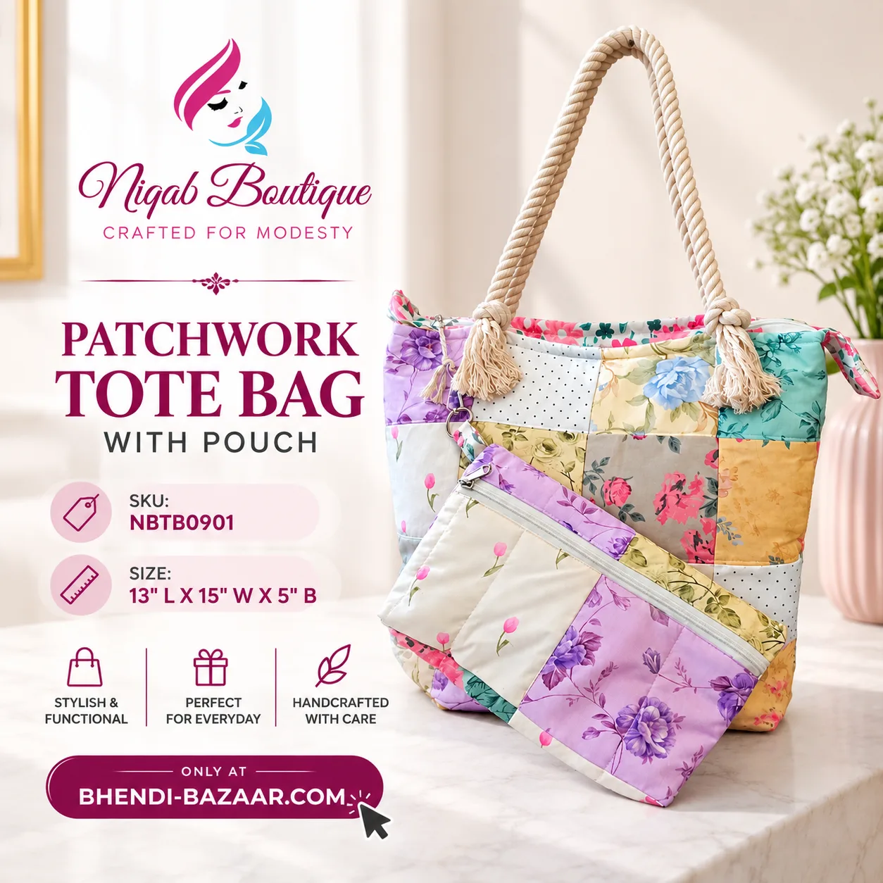 PATCHWORK TOTE BAG WITH POUCH (NBTB0901) - Image 5