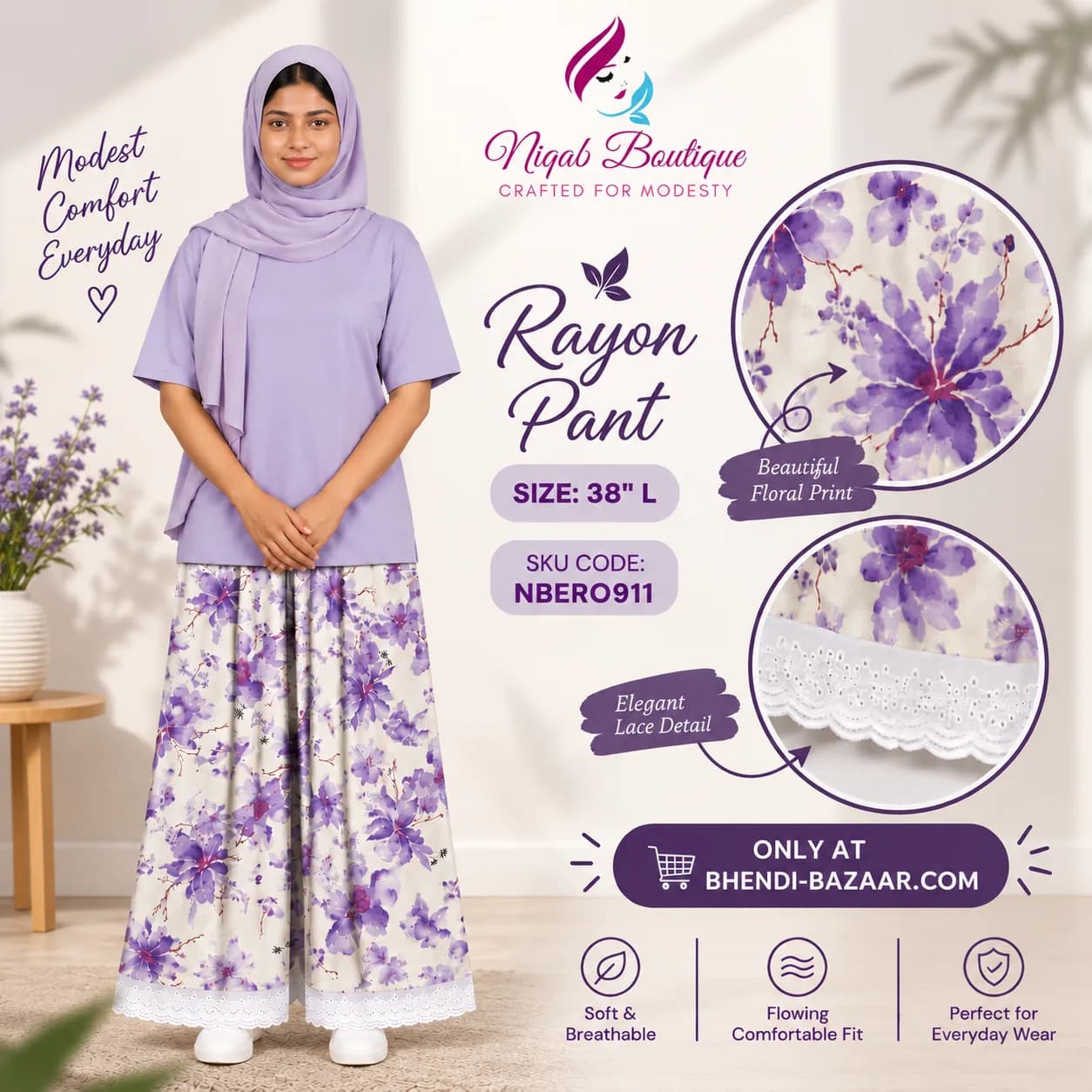 Purple Garden Floral Soft Rayon Pant (NBER0911) SIZE: 38" L - Image 2