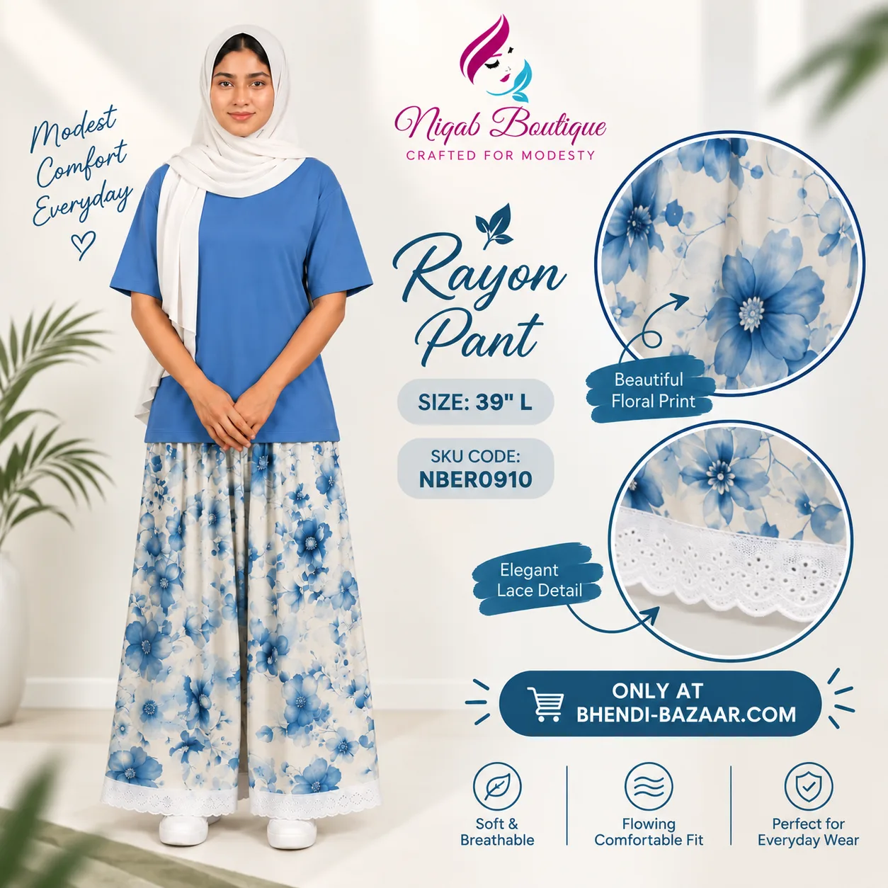 Purple Garden Floral Soft Rayon Pant (NBER0910) SIZE: 39" L - Image 2