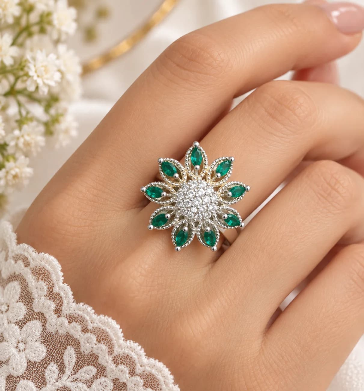 SILVER FLORAL GREEN-STONE RING - Image 2